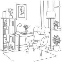 Interior outline sketch drawing perspective of a work room in the house.Workplaces . Tables, chairs and windows.Room line art black vector illustration hand drawing.