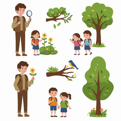 Cute cartoon illustrations of kids and adult exploring nature: outdoor education, forest adventure, environmental discovery, and family outdoor fun.