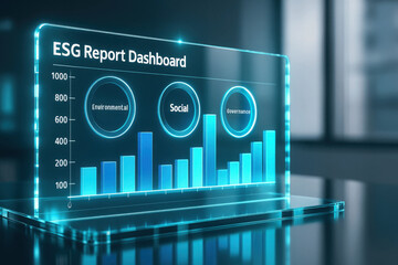 Futuristic ESG report dashboard, holographic interface, blue neon charts, environmental social governance metrics modern office, corporate data
