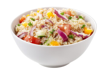 Quinoa salad with red onion, tomato, cucumber, and bell pepper in a white bowl, isolated on transparent background