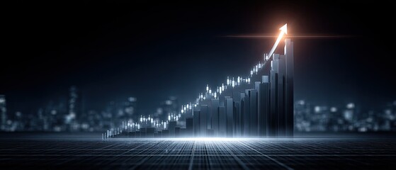 3D Abstract Futuristic Financial Growth Bar Chart With Upward Arrow Over Blurred Cityscape Background At Night