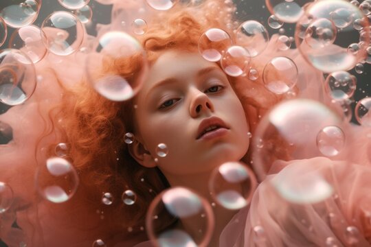 Fashion portrait of a woman with long, curly red hair, submerged underwater, surrounded by floating soap bubbles and draped in a delicate pink fabric