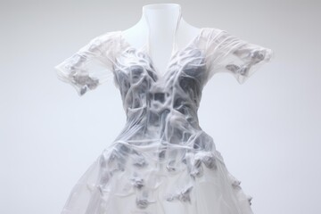 Innovative and futuristic white dress made with unconventional materials, showcased on a mannequin, embodies avant garde fashion design