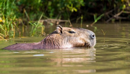 Capybara swimming in river