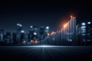 3D Bar Graph Rising Upward With Cityscape Background At Night With Orange Highlights Showing Growth And Success