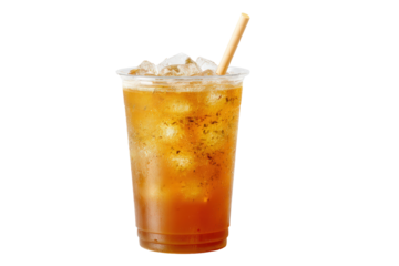 A refreshing iced tea with ice and a straw in a clear plastic cup, isolated on transparent background