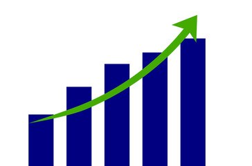 Business growth bar chart with upward green arrow. Financial success and performance progress concept for analytics, marketing, and investment presentations