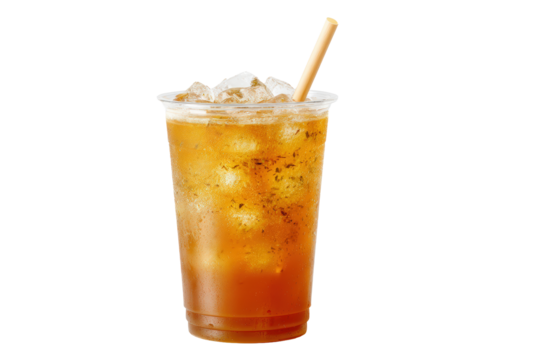 A refreshing iced tea with ice and a straw in a clear plastic cup, isolated on transparent background
