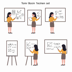 Collection of female instructors teaching advanced mathematics and algebraic problems on various whiteboards in a classroom setting.