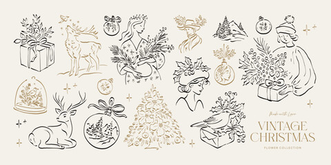 Set of minimalist Christmas vector illustrations in hand-drawn line art style. Festive elements for cards, posters, gift designs, and modern holiday greetings.