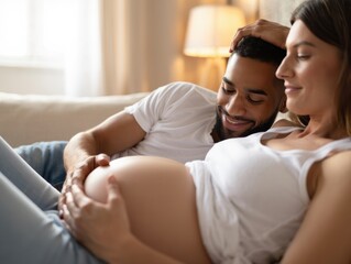 Expectant couple relaxing on couch as the pregnant woman smiles