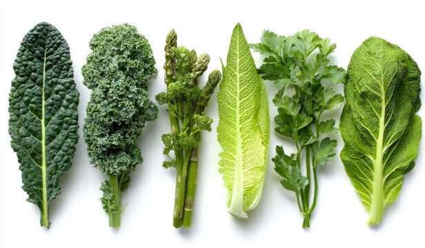 Fresh green vegetables arranged in a row on white background