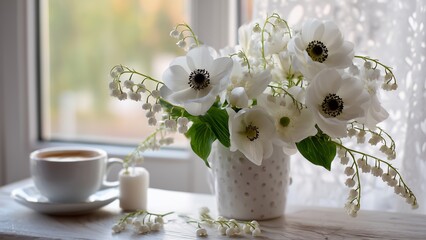 Anemone and lily of the valley combination, arranged naturally, cozy Scandinavian coffee corner décor , Nordic-Inspired Kitchen,Minimalist Spring Floral Combination