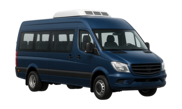 Compact minibus with dual rear wheels and rooftop AC system.