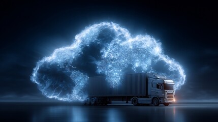A futuristic truck is positioned beneath a luminous cloud formation, symbolizing data transfer and logistics solutions.