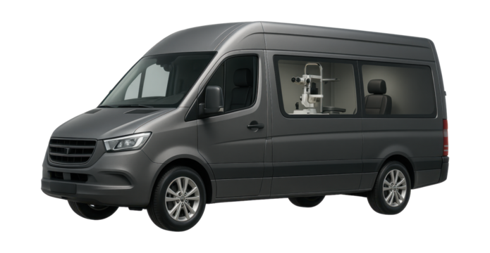 Mobile eye care unit with specialized equipment and tinted windows.
