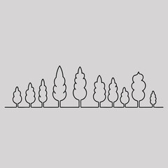 A serene landscape illustration presents a continuous line of stylized trees, varying in height and shape, creating a peaceful and harmonious forest silhouette on gray background