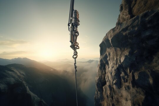 Steel cable and zip line equipment hanging above a scenic misty valley from a mountain cliff at sunset, adventure and freedom concept - Powered by Adobe