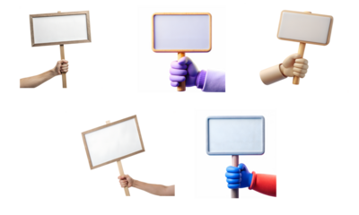 Set of hands holding a blank board isolated on a transparent background