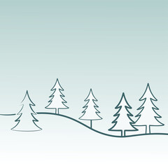 A serene winter landscape featuring stylized evergreen trees silhouetted against a soft, gradient sky, evoking a sense of calm and simplicity in a minimalist design isolated on white background