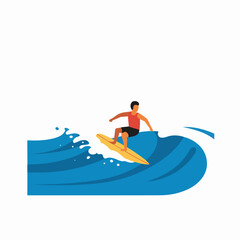 Flat design illustration of a male surfer riding a large blue ocean wave on a yellow surfboard. Dynamic summer water sport concept graphic.