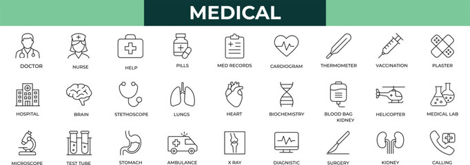 Medical line icon set featuring healthcare symbols, doctors, heartbeat, hospital, nurse, and diagnostics for apps, stethoscope, dental, correct, and medical projects.