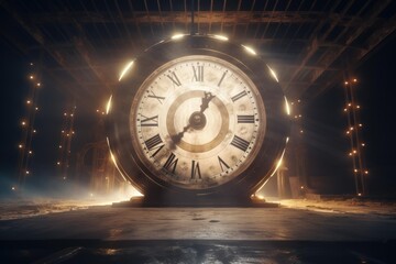 Large vintage clock with roman numerals glowing in a dark, atmospheric interior space, creating a dramatic and mysterious scene