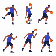 Flat illustration of a Black male basketball player in various dynamic action poses, showcasing dribbling, shooting, and movement during a game.