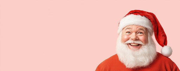 Smiling Santa face from bottom right corner, joyful expression, red hat, white beard, pink background, festive holiday mood