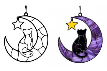 Stained Glass Black Cat on Crescent Moon with Star