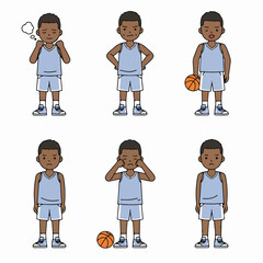 Young African American basketball player cartoon displaying a range of negative emotions and one contemplative thought bubble.