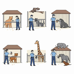 Dedicated zookeepers feed diverse animals in their enclosures, showcasing daily care and interaction with lions, bears, giraffes, and birds at the zoo.