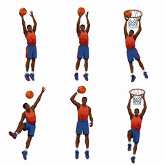 Diverse Male Basketball Player in Action Poses, Featuring Shooting, Jumping, and Dunking Sequences on a White Background