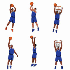 Dynamic Basketball Player Actions Set: Jump Shots, Free Throws, and Powerful Dunks Illustrated