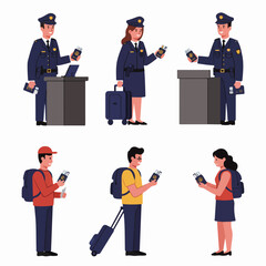Airport security and immigration check with officers and passengers holding documents, showcasing global travel procedures.
