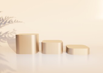 Golden shiny round and cylindrical podiums with natural shadows on cream surface