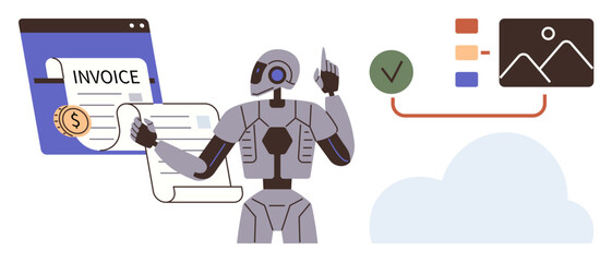 Robot processing invoices, cloud storage, and data visualization connection. Ideal for automation, artificial intelligence, digital transformation, finance, data management, technology simple flat