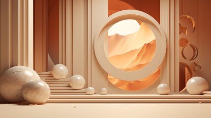 Abstract Geometric Scene with Circular Window and Spheres in Warm Beige and Orange Tones