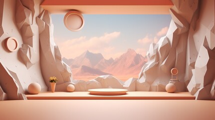 Futuristic Cave Scene with Mountain View and Abstract Decor Elements