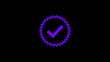 Vibrant purple neon check mark inside a jagged circle on a black background for verification and success