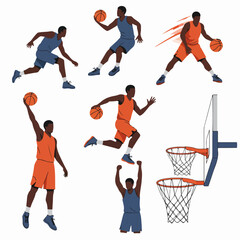Basketball players in action, dribbling, shooting, and celebrating with hoops, in a dynamic flat illustration style.