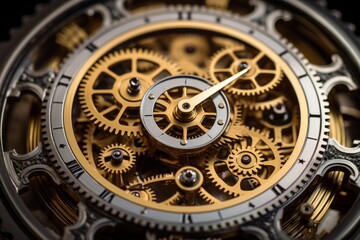 Fototapeta premium Golden gears interlock, driving the hands of a clock in a display of complex mechanics and precise timekeeping
