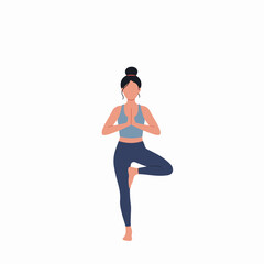 Illustration of a woman practicing yoga in Tree Pose, promoting balance and mindfulness.