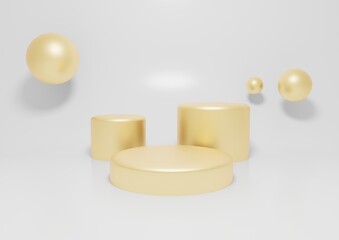 Arrangement of golden shiny round and cylindrical podiums on neutral background