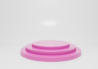 Three-tiered pastel pink round podium on white clean background