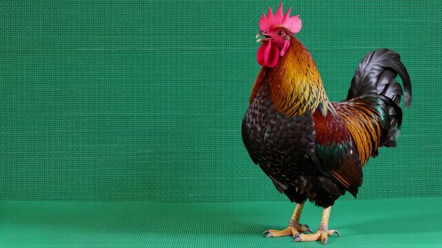Magnificent rooster portrait, showcasing impeccable golden, black, and red feathers, a vibrant red comb, and proud posture against a smooth emerald green studio background
