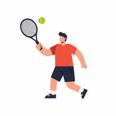 A male tennis player in action, hitting a tennis ball with a racket. Flat design illustration depicting a dynamic sports scene.