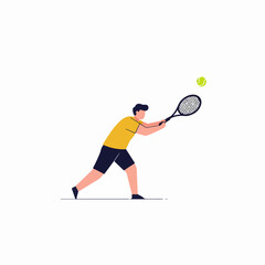 Flat illustration of a male tennis player in dynamic action, hitting a forehand shot with a racket and ball, representing sport and active lifestyle.