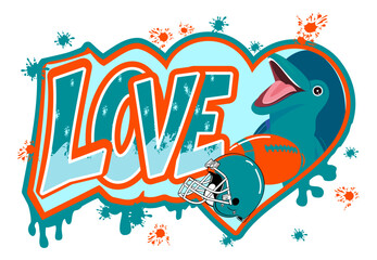 Graffiti lettering LOVE with heart, dolphin, football and helmet in orange, Aqua, white and blue tones. Dynamic street art vector design, bold sports illustration, urban typography for modern style.