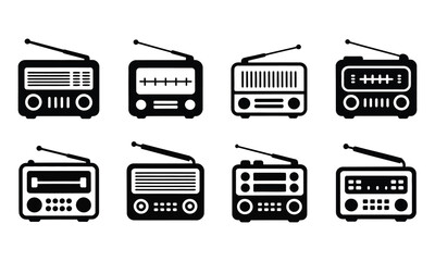 Retro radio set vector illustration vintage receiver icons broadcasting collection